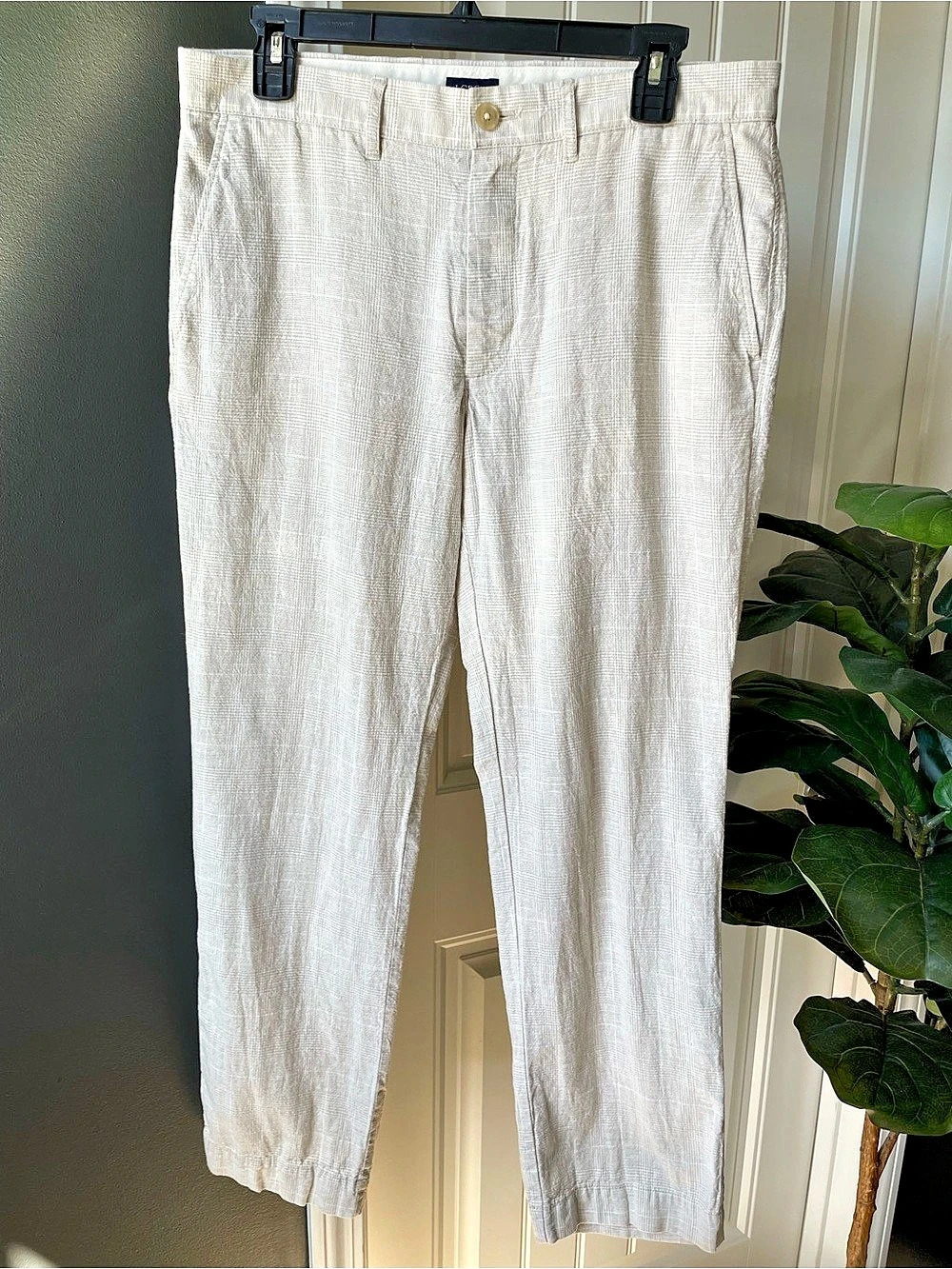 J.Crew Mens Linen Cotton Straight Fit Pants Glen Plaid Beige Cream 32x30**READ**